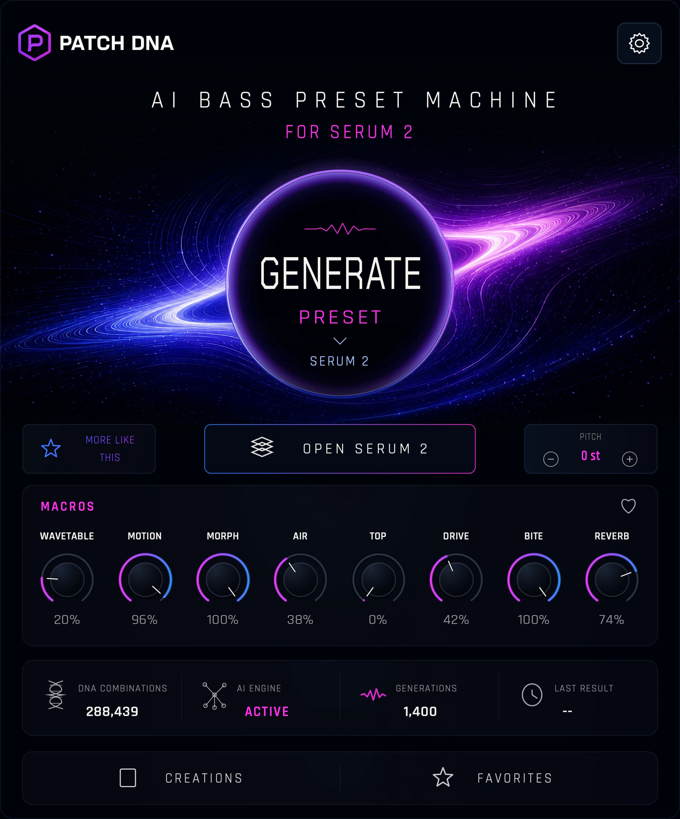 Интерфейс AI-генератора басовых пресетов Patch DNA для Serum 2