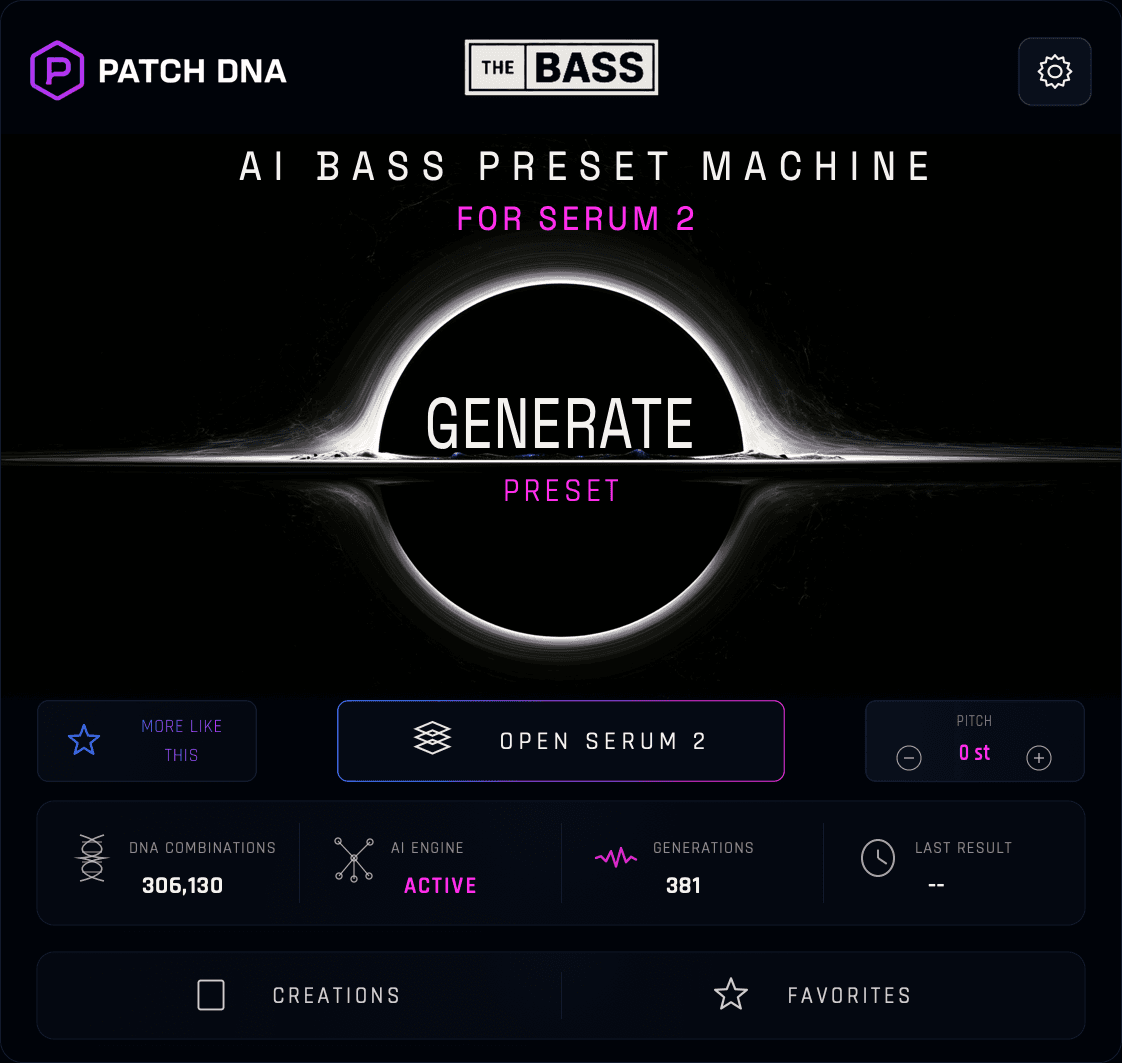 The Bass by Patch DNA — complete production plugin interface with Generate, More Like This and macros