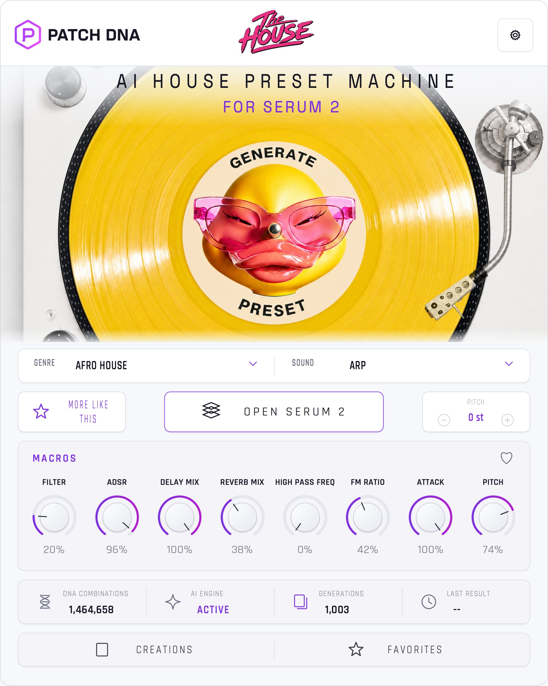 The House plugin: original Patch DNA and The House logos, yellow vinyl with duck label, Genre and Sound selectors, More Like This, eight expanded macros, Open Serum 2, Pitch, Creations and Favorites