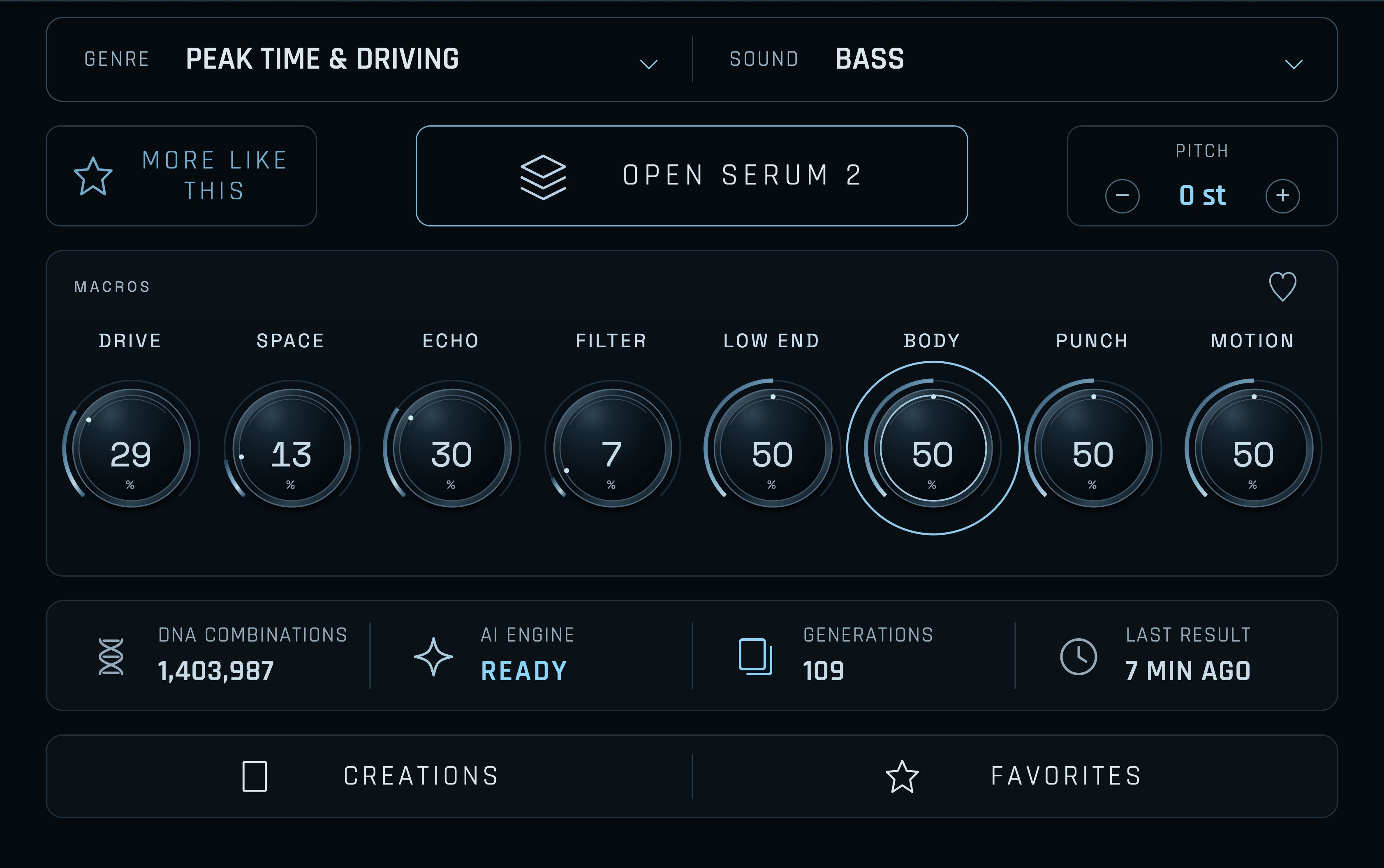 THE TECHNO: More Like This, eight active macros, Pitch and Open Serum 2