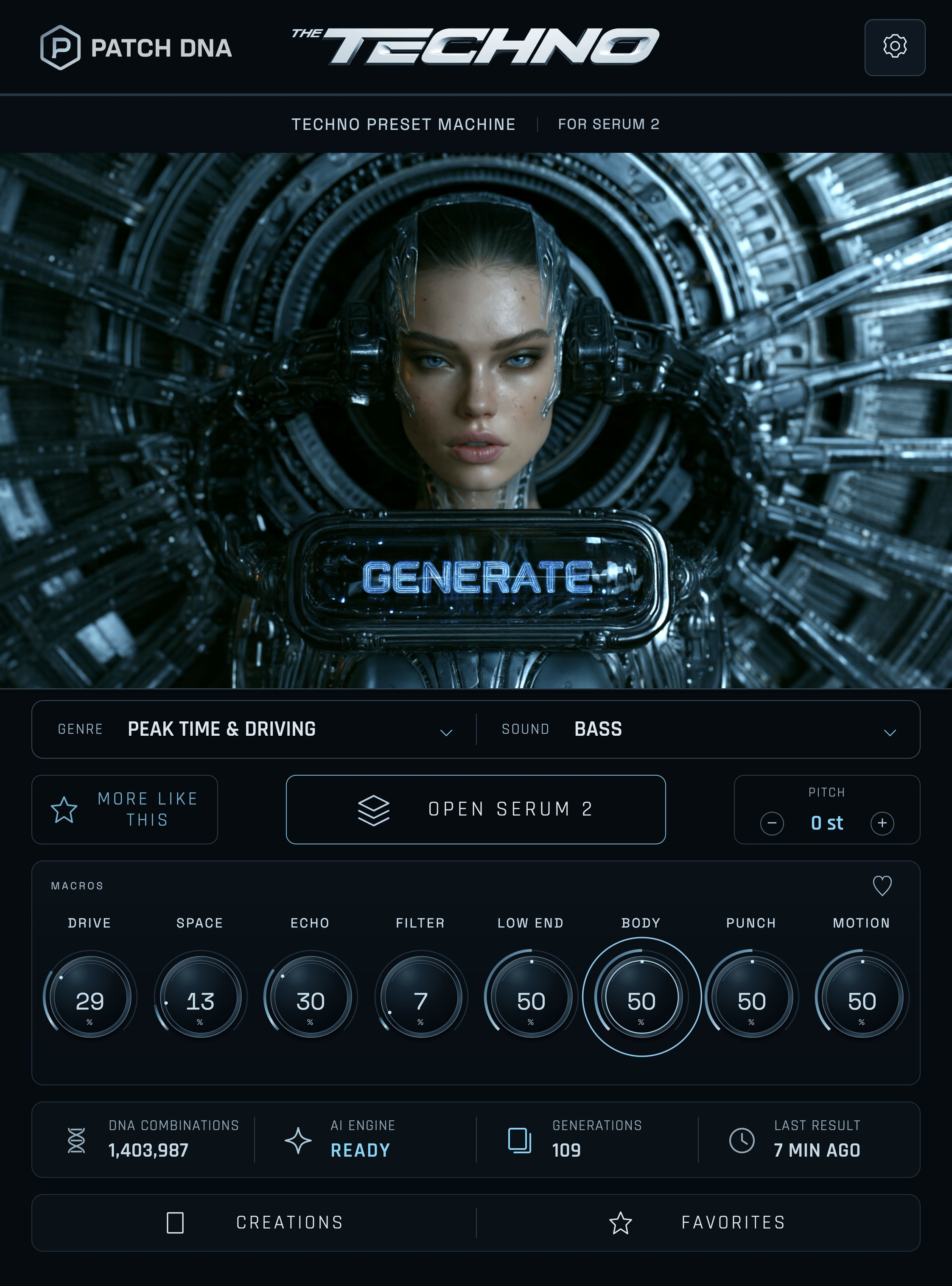 THE TECHNO plugin: Machine Queen, genre and sound selection, Generate, More Like This, eight macros, Pitch and Open Serum 2