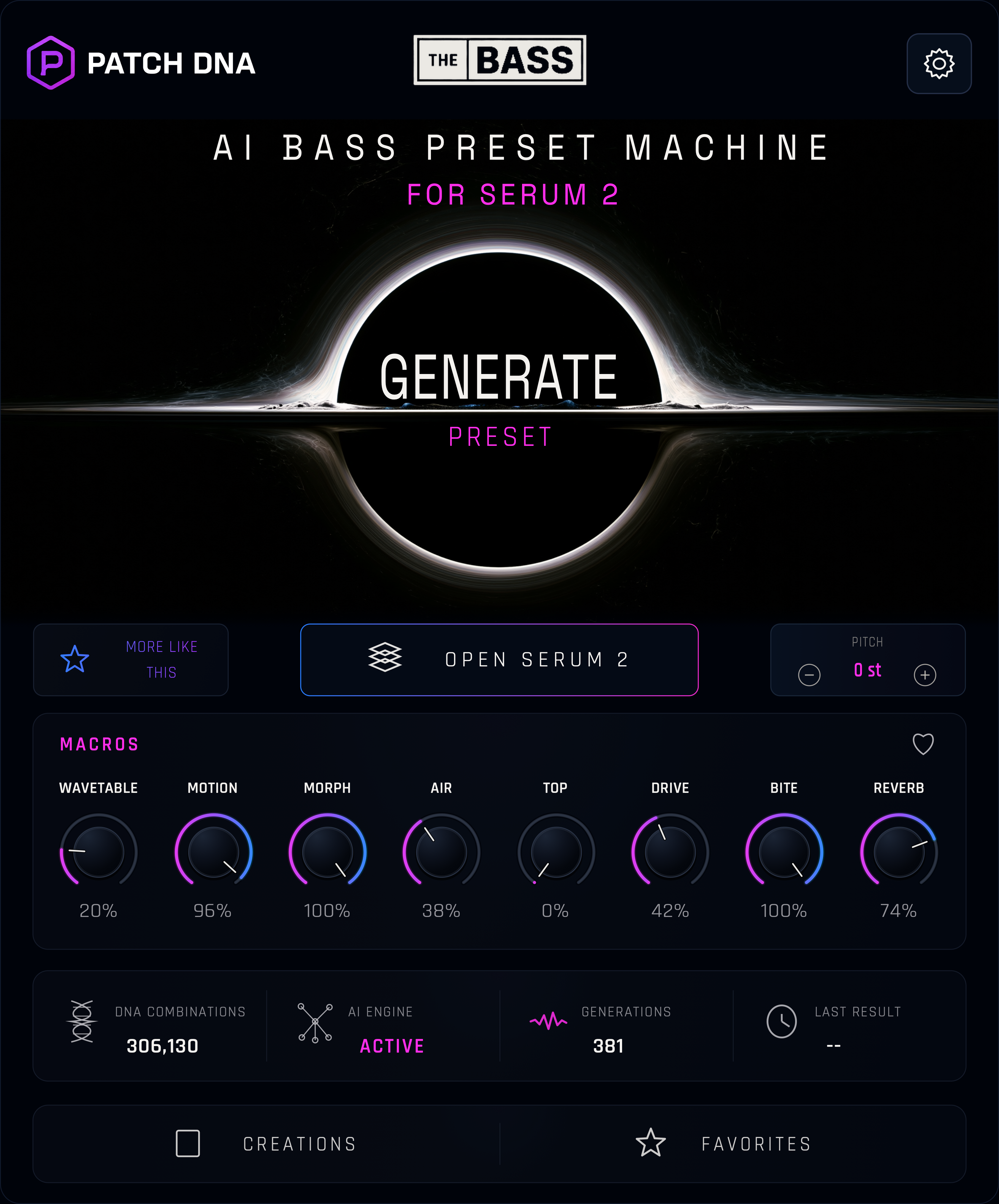 The Bass plugin with the approved THE | BASS logo, black hole Generate control, eight expanded macros, Pitch and Open Serum 2